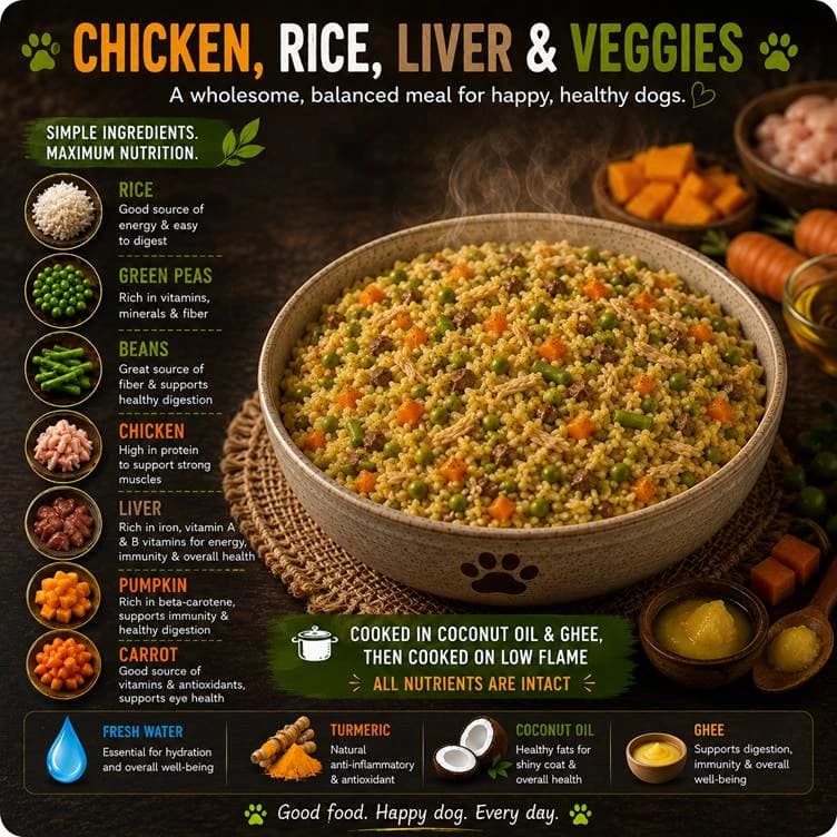 Chicken, Rice, Liver & Veggies, freshly prepared pet meal
